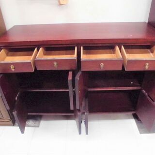 収納家具 中国風 レトロ キャビネット  幅120×奥行44x高さ84cm  多目的 木製 レッド系 苫小牧西店　の画像