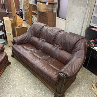 オランダ製！クラシックレザーソファー オーク材、3点セット！