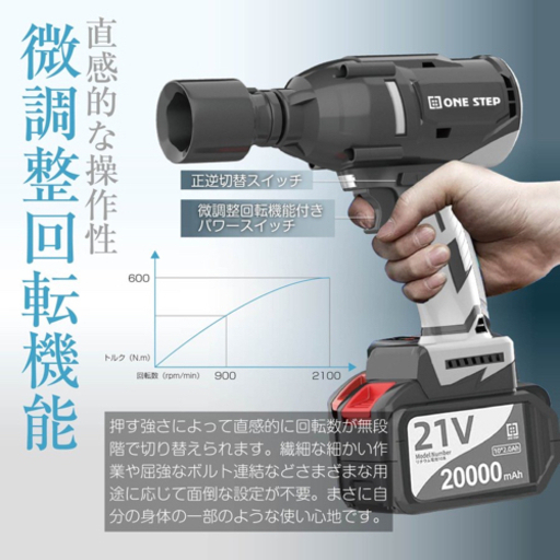 電動インパクトレンチ 600N.m  21V バッテリー 2個付き