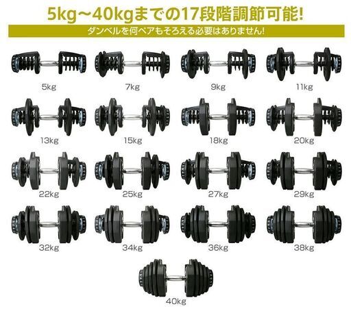 可変式　ダンベル　40kg　2個　17段階調節　可変式ダンベル　アジャスタブルダンベル