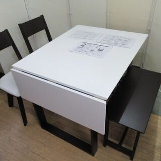 J3193/ダイニングセット/伸長式/テーブル/回転式チェア/ベンチ/ホワイト/ダークブラウン/ニトリ/NITORI/中古品/の画像