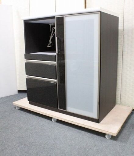 ニトリ レンジボード ポスティア 幅90 ハイグロス ブラック ハイカウンター 木目 2018年製 NITORI 食器棚 中古家具 店頭引取歓迎 R4282)