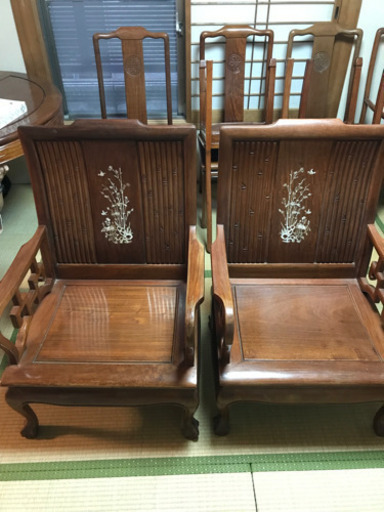 花梨　椅子　2脚　肘付き　猫脚