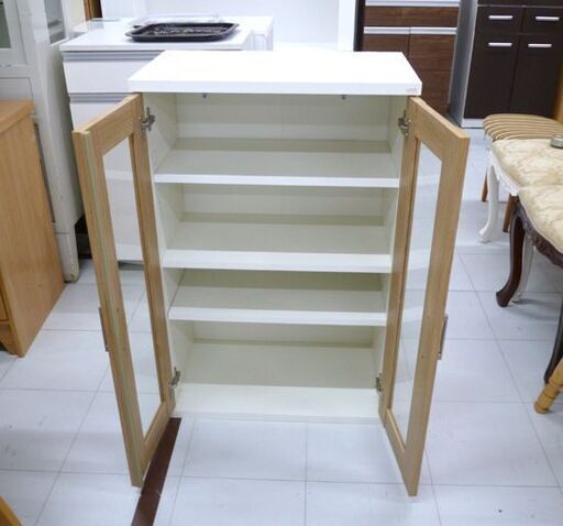 食器棚 幅59.5×奥行35×高さ90cm キッチン収納 扉収納 ミニ食器棚 ライトブラウン×ホワイト 苫小牧西店