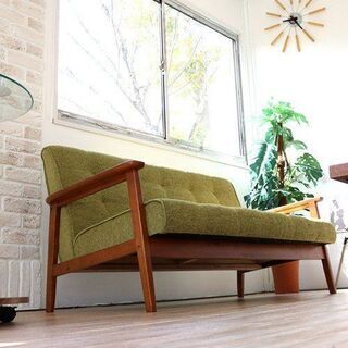 新品】カリモク風 アンティーク 二人掛けソファー ファブリック グリーン