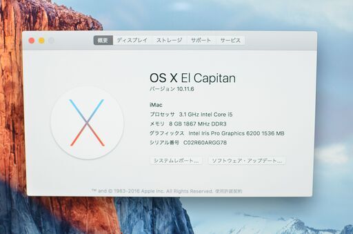 iMac A1418 MK452J/A (Retina 4K,21.5-inch, Late 2015) CPU 3.1GHz Core i5 HDD1TB メモリー8GB MacOS X EI Capitan 10.11.6