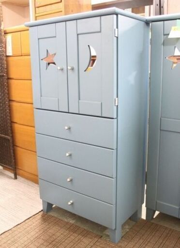 ミラー付き収納 6段 ライトブルー おしゃれ 子供 キッズ フレンチドア リビング ダイニング 玄関 寝室  収納家具 中古 店頭引取歓迎 R4378)