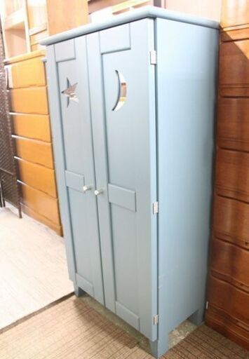 ミラー付き収納 ライトブルー 引き出し おしゃれ 子供 フレンチドア リビング ダイニング 玄関 寝室  収納家具 中古 店頭引取歓迎 R4379)