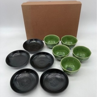 未使用■織部流し小皿付き煎茶■湯呑み■小皿■５脚揃い