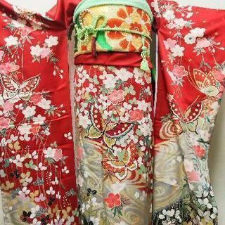 振袖 ＆長襦袢 小物5点セット古典振袖 深紅地蝶桜萩 USED美品