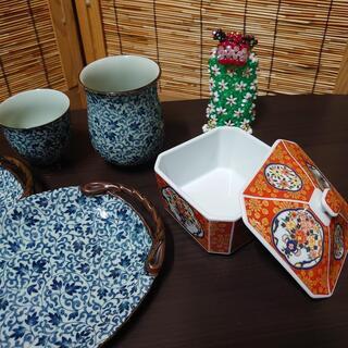 【💮決まりました】未峰和モダン唐草模様ペア皿&湯呑と有田焼漬物入れの画像