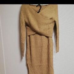 ベージュカシュクールリブニットセットアップ