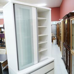 スライドドア式　食器棚 大型食器棚 スライド扉 幅90×奥行48.5×高さ200cm エナメル調