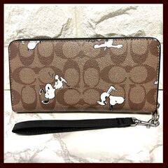 スヌーピーコラボ★COACH茶ブラウン長財布ウォレットファスナー長財布
