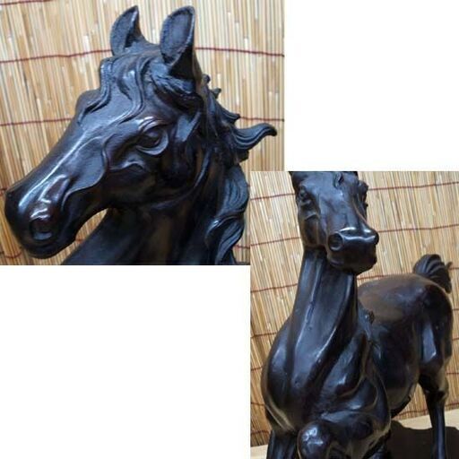 馬の置物 金属製 45cm こげ茶色系 木製台付き　躍動感 インテリア オブジェ 縁起物 大きい ☆ PayPay(ペイペイ)決済可能