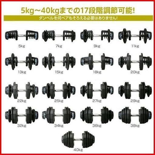 状態良好 RIORES/リオレス◆可変式ダンベル2個◆アジャスタブルダンベル 40kg 2個セット◆計80kg◆5-40kgまで17段階調節可能手渡し希望/自社配送可能（配送エリアについてお問い合わせください）