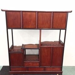 唐木家具 縞黒壇 唐木 茶棚 茶箪笥 山水彫り 和風 インテリア 和家具 ヴィンテージ 昭和 レトロ 伝統工芸 参価35万の画像