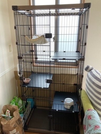【対応中】ウッディキャットケージ  3段 ＋ハンモック付(ブラウン) 多頭飼い対応　※説明書無し※