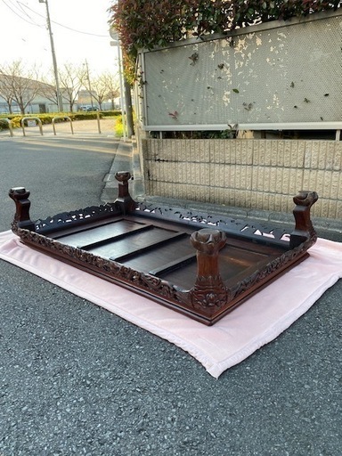 ◎大幅お値下げしました‼️唐木家具 紫檀 座卓 座敷机 透かし細密彫刻 抽斗 センターテーブル ちゃぶ台 和室 和家具 玉杢 瘤付 煎