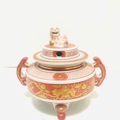 九谷焼 九谷 九谷峯久 峯久 赤絵金彩 耳付 獅子香炉 香炉 三足 