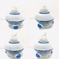 有田 波佐見焼 正光窯 染付 網目 透かし香炉 青海波 花唐草 三足 茶道具の画像