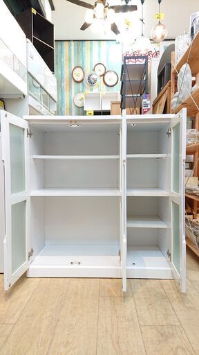 食器棚 3枚扉 棚板可動式 鏡面 ホワイト■幅89cm×奥行40cm×高さ97.5㎝■近隣配送無料 買取帝国 朝霞店