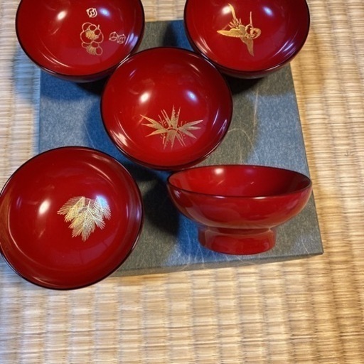 川連塗　鶴亀　松竹梅盃