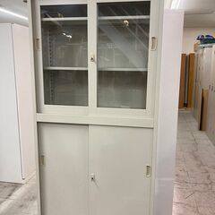 中古　美品　生興　上下書庫　上部ガラス引き戸　下部スチール引き戸...