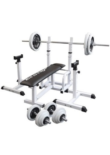 【引取先決定済】フォールディングジムセット 白ラバー 【ホワイト】 (100kg ) ベンチ スタンド バーベルダンベルセット