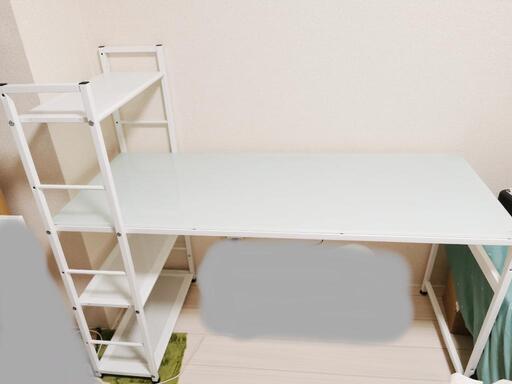 幅120cm パソコンデスク ラック 収納 デスク  ガラス天板 棚付き スタンダード ワークデスク 机 おまけおりたたみ椅子
