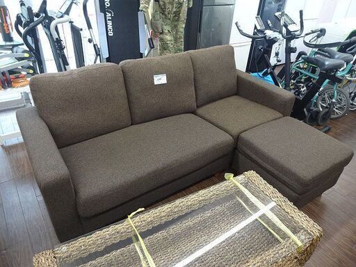 札幌 引き取り 3人掛けソファ L字ソファ オットマン付き こげ茶系 カウチソファ