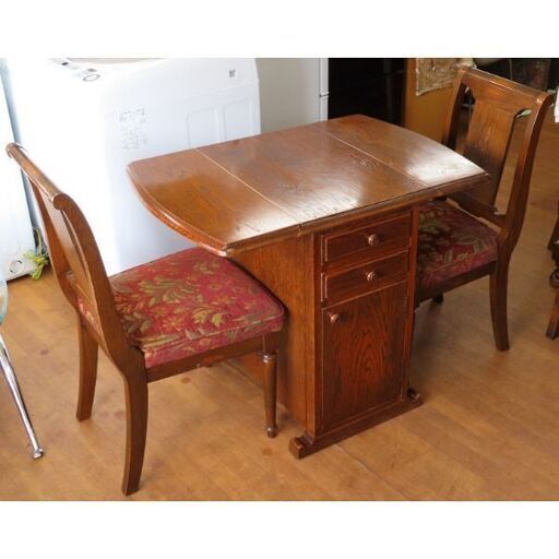 ♪アンティーク調/レトロ調 2人用ダイニングテーブル＆チェア 折りたたみ天板♪