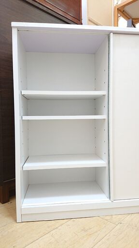 薄型サイドボード カウンター下収納 ホワイト 鏡面 スライド扉 引き出し6個 棚板可動式■横幅150cm×奥行29cm×高さ87cm■