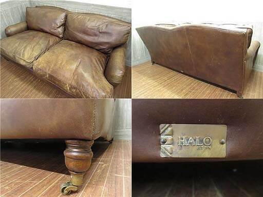 ss3190　HALO　2人掛け　ソファー　ダークブラウン　本革　肘掛け付　ハロ　バイカータン　ヴィンテージ風　茶　2P　ソファ　茶　