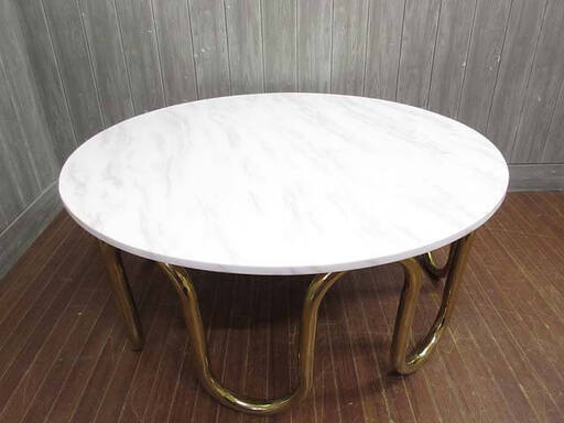 ss3191　未使用品　大理石　ラウンドテーブル　ゴールド　マーブル　輸入雑貨　センターテーブル　ローテーブル　デザイン家具　スチール脚　丸テーブル　直径100cm　白　ベージュ　インテリア