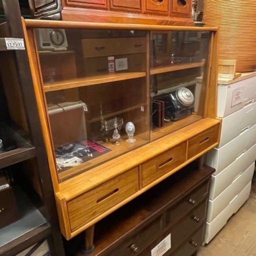 【売約済み】【展示品・保管品】　サイドボード　キャビネット　ローボード　無垢材　無垢　木製　ガラス　ケース　コレクション　検　ナチュラル　北欧　チーク　ショーケース　テレビ台　飾り棚