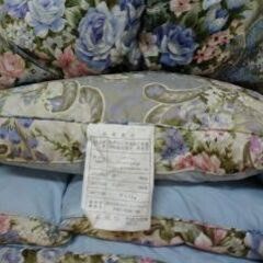 格安中古寝具・夜具・布団　羽毛布団　ダブル４点セット　色ブルー花...