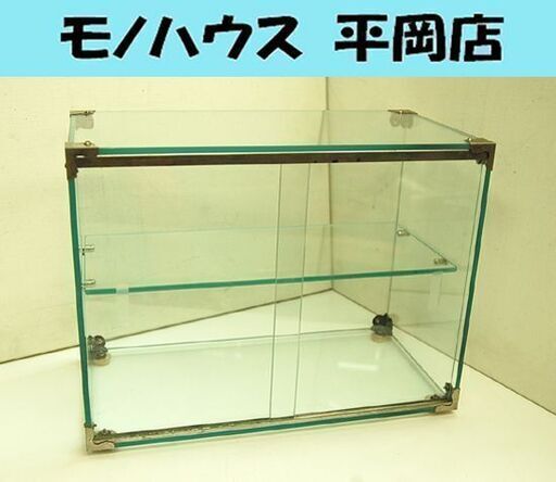 札幌市内限定 昭和レトロ 全面ガラスケース 2段 引き戸 幅35×奥行18×高さ27cm ディスプレイ 飾り棚 店舗什器 アンティーク 札幌市 清田区 平岡