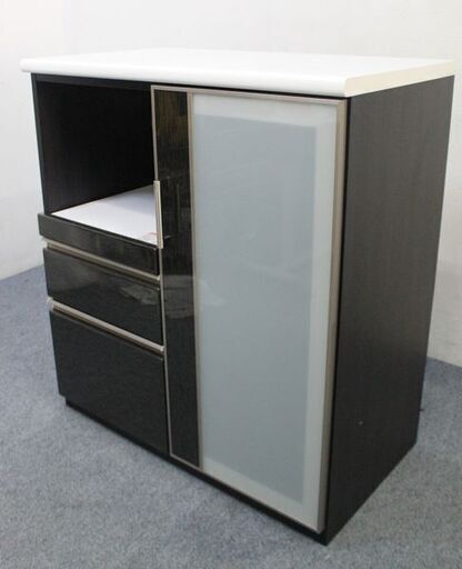 ニトリ キッチンカウンター ポスティア 幅90 ハイグロスブラック木目 レンジボード NITORI 食器棚 中古家具 店頭引取歓迎 R4784)