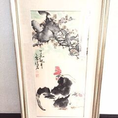 絵画 墨絵 墨彩画 大型サイズ つがいのにわとり 額縁 高級感 ...
