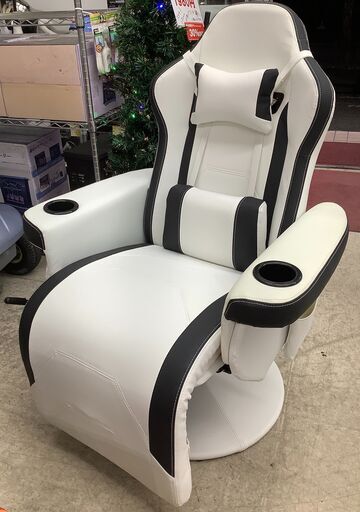 ☆★展示品/未使用★☆ゲーミングチェア パーソナルチェア レザー ホワイト＆ブラック ヘッドレストクッション付き【ユーズドユーズ名古屋天白店】J1365