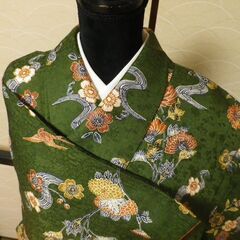 正絹　小紋　袷　訳有り品　モスグリーン　まるやま　裄69.5　身...