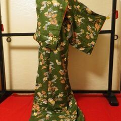 正絹　小紋　袷　訳有り品　モスグリーン　まるやま　裄69.5　身丈169の画像