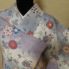 正絹　小紋　袷　広衿　花柄　裄65　身丈168.5