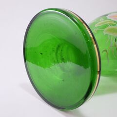 【お取引終了】ボヘミアガラス 花瓶 チェコスロバキア製 グリーン クリスタルガラス アンティーク 金縁金彩 花絵 伝統工芸品 緑 花器 花入れ 芸術 時代 美術品の画像