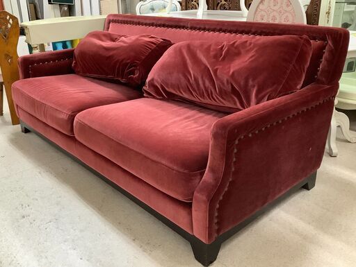 2人掛けソファ アンティーク調ベルベットソファ レッド クッション付【ユーズドユーズ名古屋天白店】 J1392