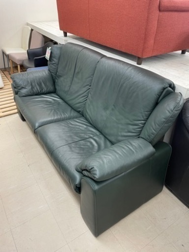 ★274 erpo エルポ 2人掛けワイドソファー グリーン 本革 BF426【リサイクルマート鹿児島宇宿店】