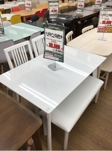 LK-123【ご来店頂ける方限定】ベンチダイニング4点セット　白