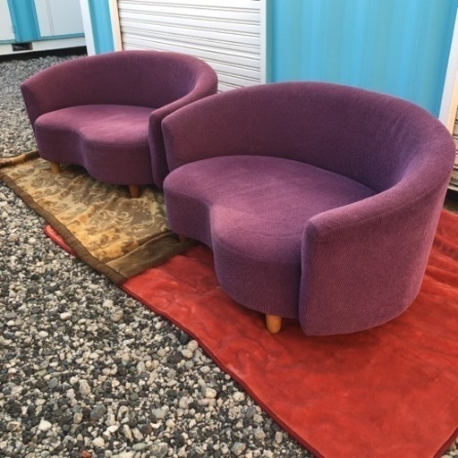 パープル コーデュロイ生地 ラブビーンズ型ソファ 2点セット