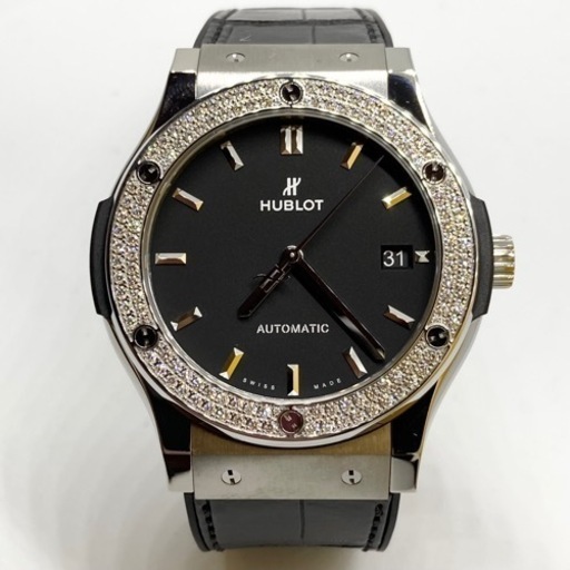 極美品 HUBLOT ウブロ クラシックフュージョン 511.NX.1171.LR.1104 ダイヤベゼル チタニウム ラバー＆アリゲーター 自動巻き シースルー